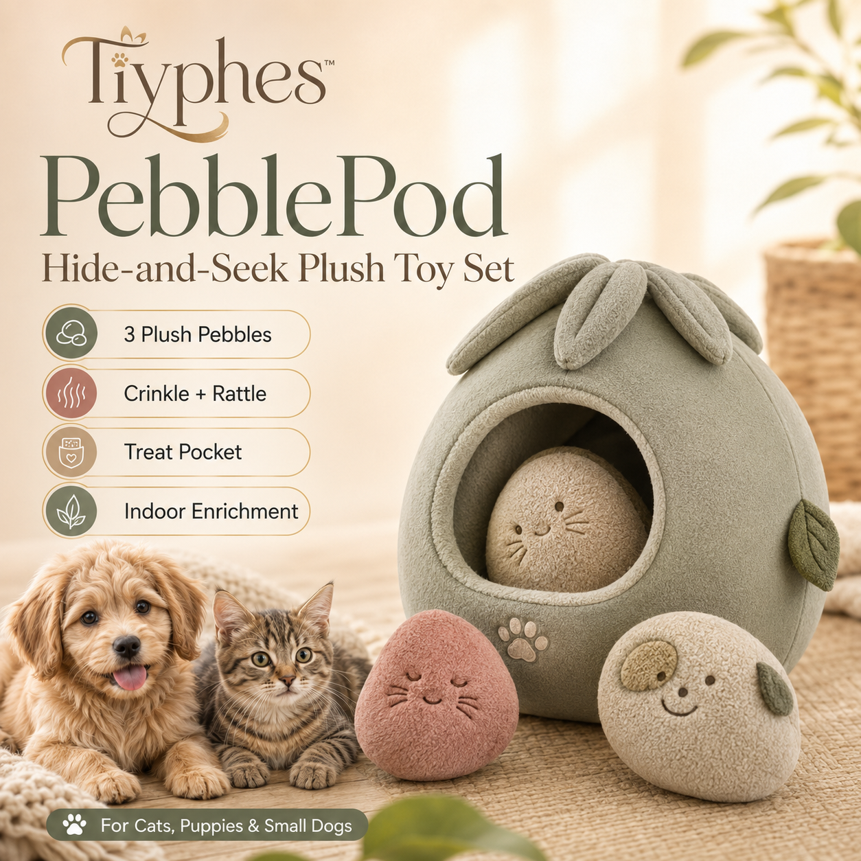 Tiyphesβ’ PebblePod Hide-and-Seek Plush Toy Set, Crinkle Treat Puzzle for Cats, Puppies & Small Dogs