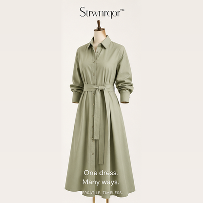 Strwnrqor™ Willow Frame Women’s Convertible Shirt Dress – Belted Relaxed Midi Dress, Casual Button-Down Layering Piece