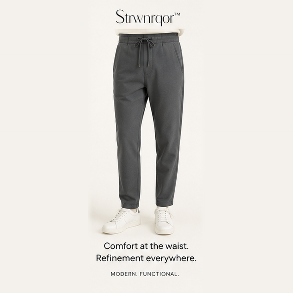 Strwnrqor™ Slate Current Men’s Tapered Drawstring Trousers – Stretch Casual Pants, Travel Commuter Chinos