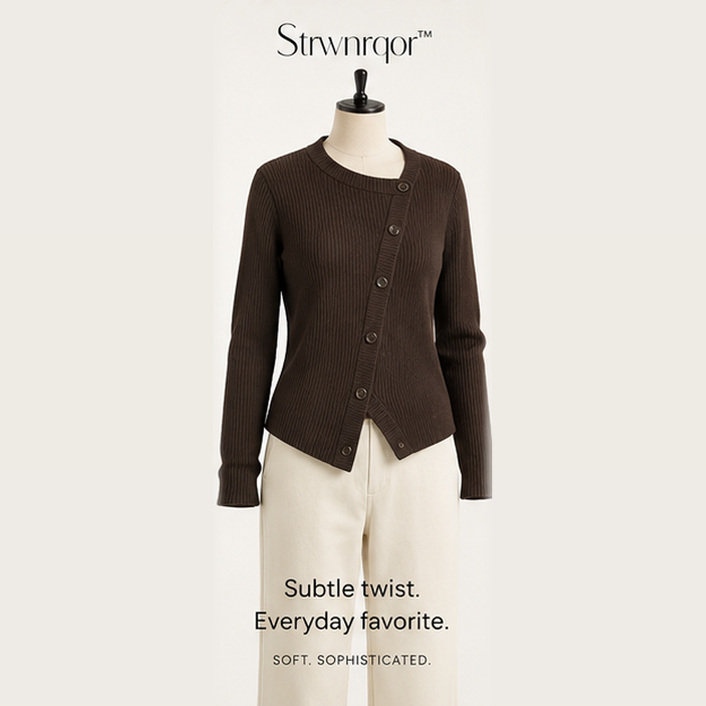 Strwnrqor™ Solace Rib Women’s Asymmetric Cardigan – Soft Button-Up Knit Top, Modern Casual Layering Sweater