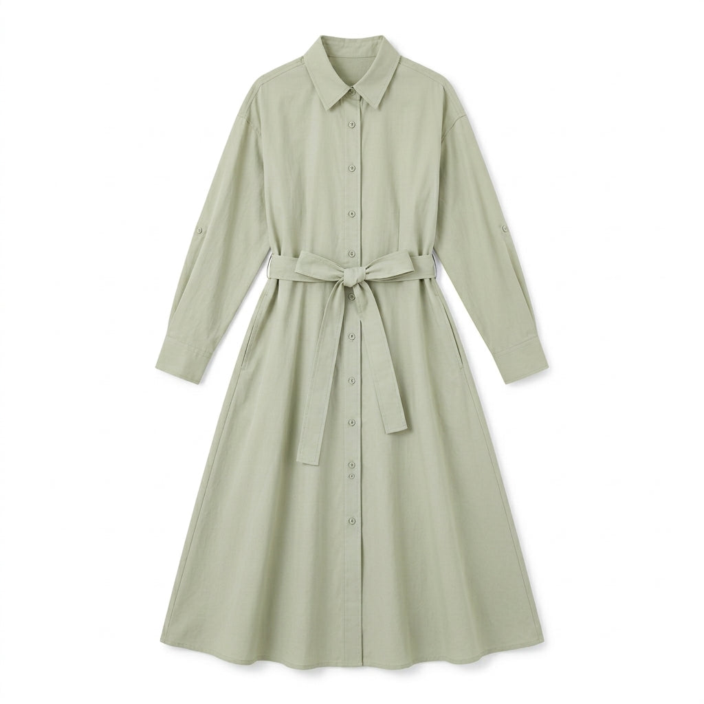 Strwnrqor™ Willow Frame Women’s Convertible Shirt Dress – Belted Relaxed Midi Dress, Casual Button-Down Layering Piece