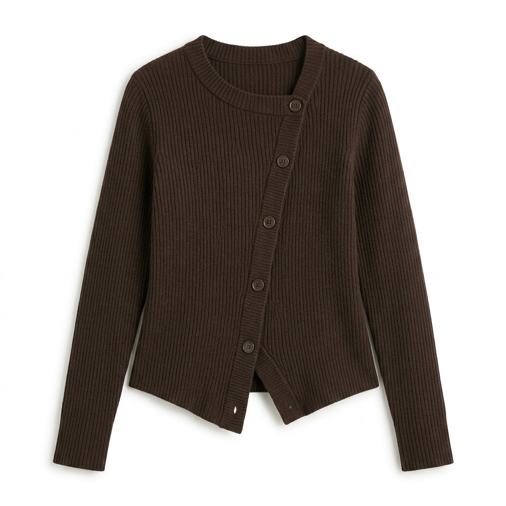 Strwnrqor™ Solace Rib Women’s Asymmetric Cardigan – Soft Button-Up Knit Top, Modern Casual Layering Sweater