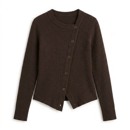 Strwnrqor™ Solace Rib Women’s Asymmetric Cardigan – Soft Button-Up Knit Top, Modern Casual Layering Sweater