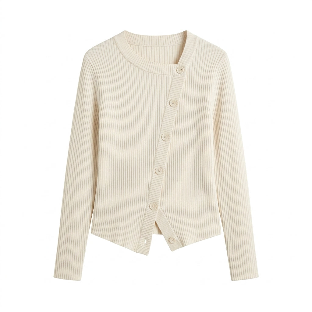 Strwnrqor™ Solace Rib Women’s Asymmetric Cardigan – Soft Button-Up Knit Top, Modern Casual Layering Sweater