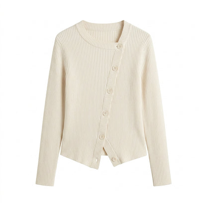 Strwnrqor™ Solace Rib Women’s Asymmetric Cardigan – Soft Button-Up Knit Top, Modern Casual Layering Sweater