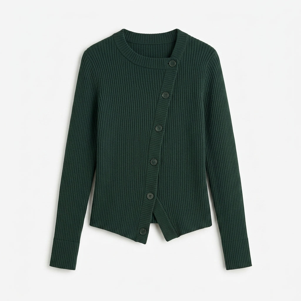 Strwnrqor™ Solace Rib Women’s Asymmetric Cardigan – Soft Button-Up Knit Top, Modern Casual Layering Sweater