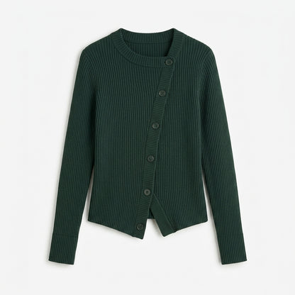 Strwnrqor™ Solace Rib Women’s Asymmetric Cardigan – Soft Button-Up Knit Top, Modern Casual Layering Sweater