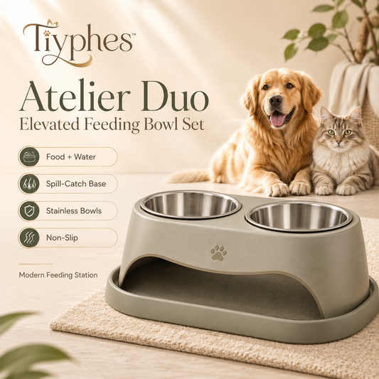 Tiyphes™ Atelier Duo Elevated Pet Feeding Bowl Set, Modern Food & Water Station with Spill-Catch Base