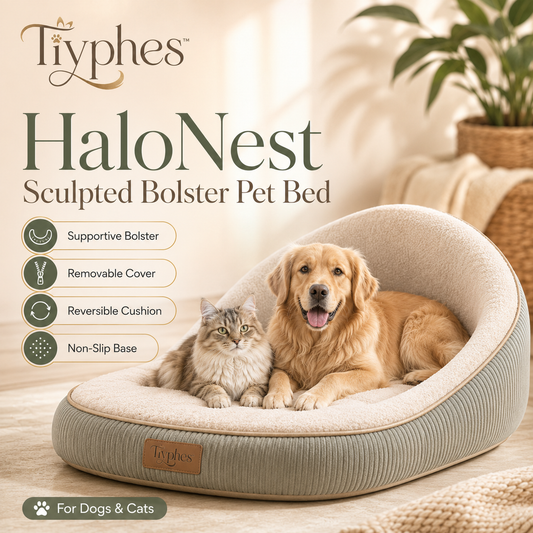 Tiyphes™ HaloNest Sculpted Bolster Pet Bed, Washable Dog and Cat Cushion with Removable Cover